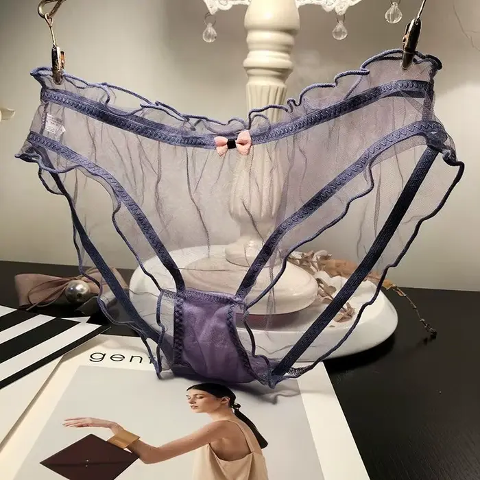 Ženy Sexy priesvitné ružové nohavičky s mašľou bavlnený klin slipy žena sieťovaná spodná bielizeň priedušná vlnitý okraj duté tangá