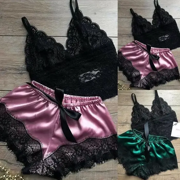 Nuisette en dentelle à col en V pour femmes, ensemble de pyjamas, lingerie, short en Y, vêtements de nuit sexy