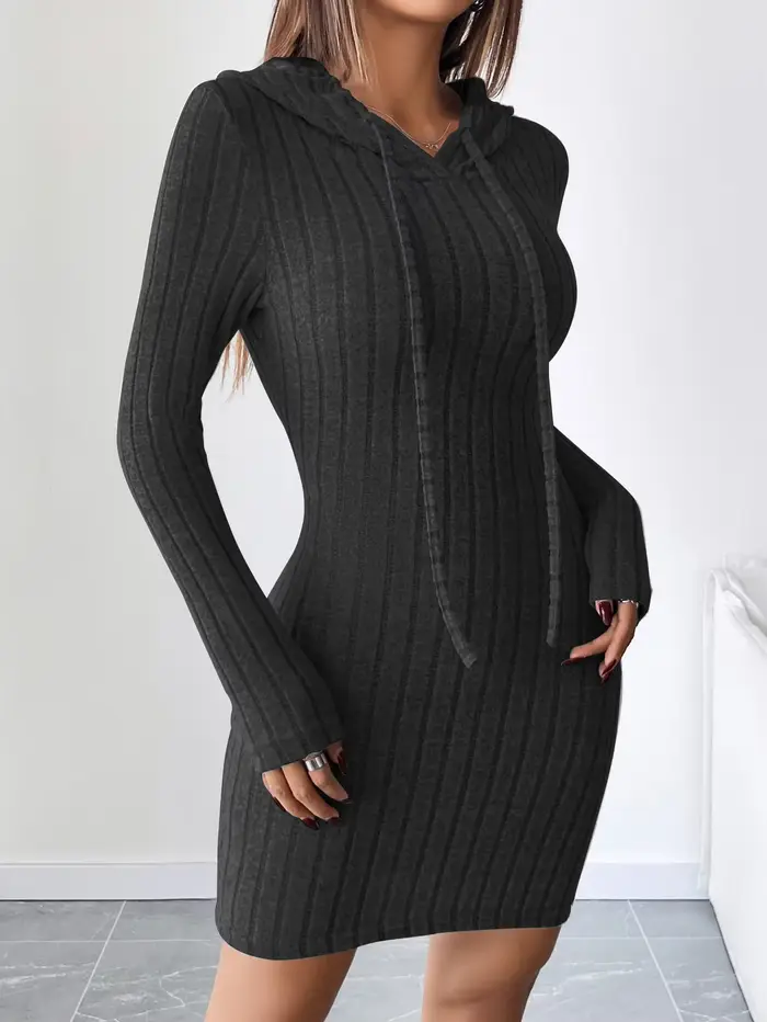 Robe décontractée tricotée côtelée avec capuche pour femmes toute saison舒适、随和且适合所有季节的女士开衫连帽罗纹毛衣