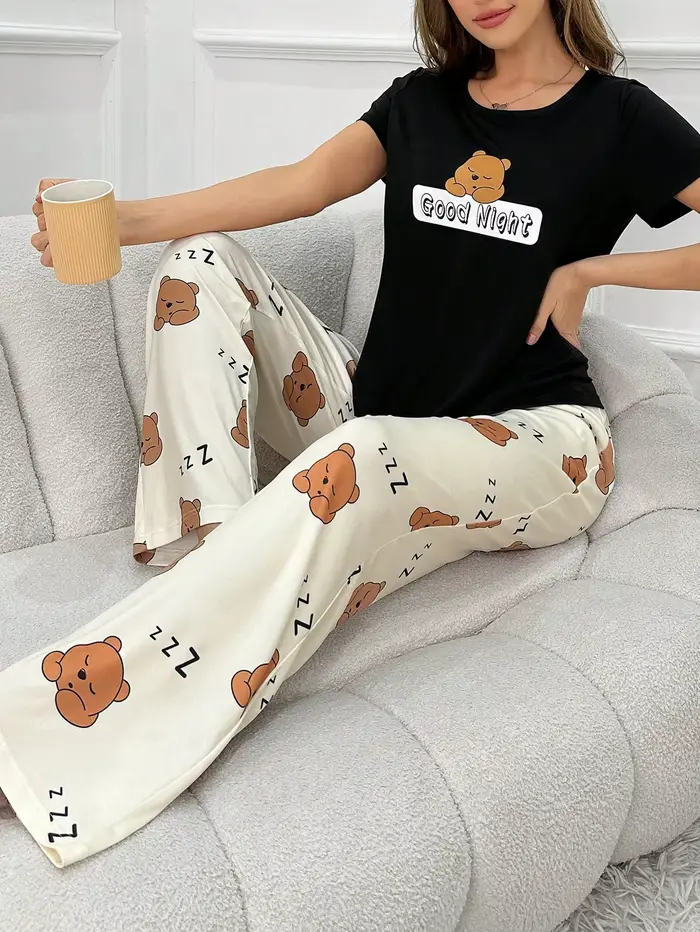 Ensemble 2 pièces de pyjama quatre saisons pour femmes, ensemble pyjama décontracté et mignon imprim