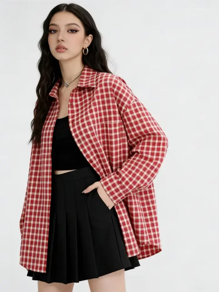 Y2K juniorská dámska patchworková košeľa z polyesterovej bavlny pre streetwear príležitostné príležitosti