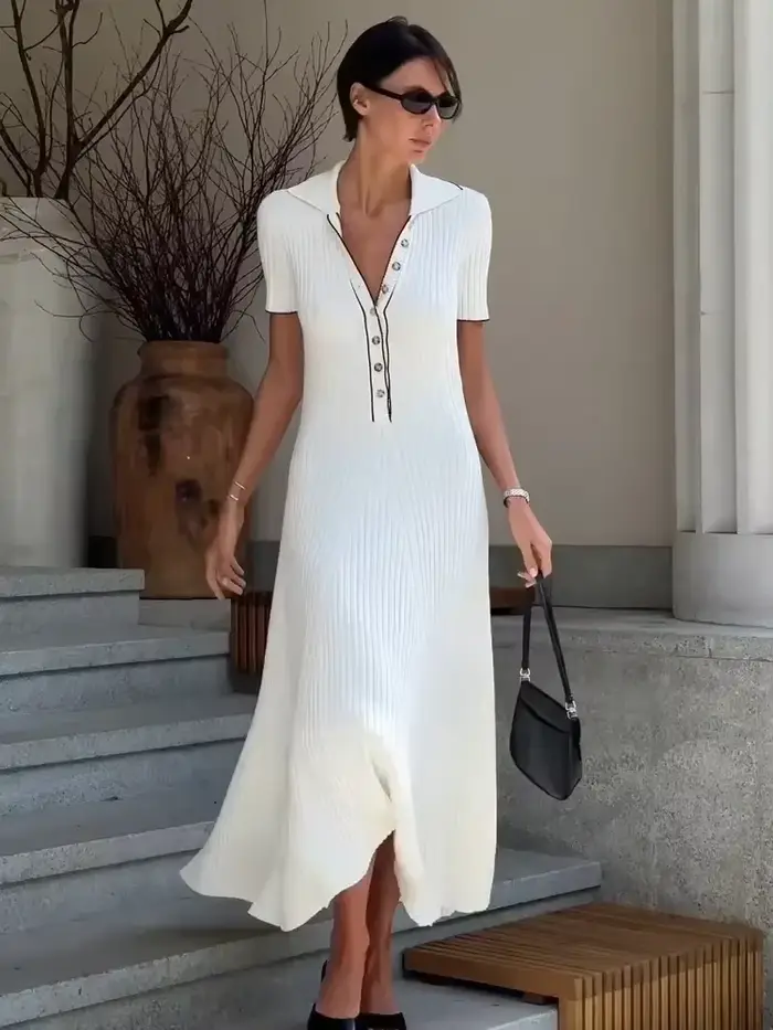 Tossy biele pletené módne maxi šaty pre ženy s krátkymi rukávmi Patchwork elegantné večerné