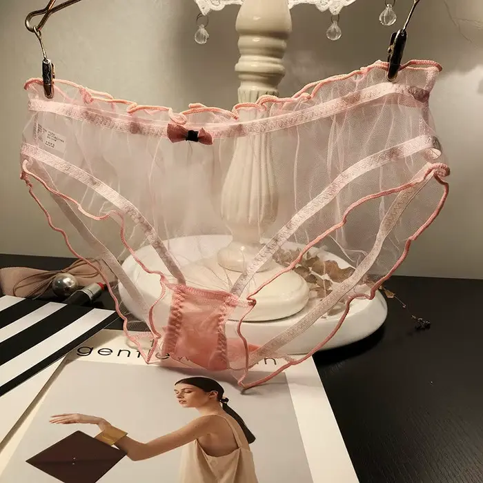 Ženy Sexy priesvitné ružové nohavičky s mašľou bavlnený klin slipy žena sieťovaná spodná bielizeň priedušná vlnitý okraj duté tangá