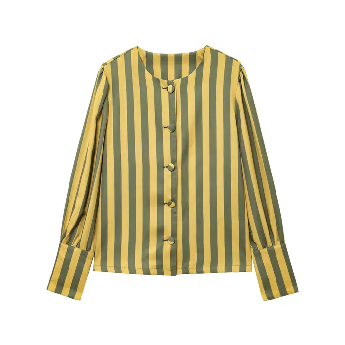Chemisier Chic pour femmes, coupe ample, imprimé rayé, col rond, manches bouffantes, simple boutonna