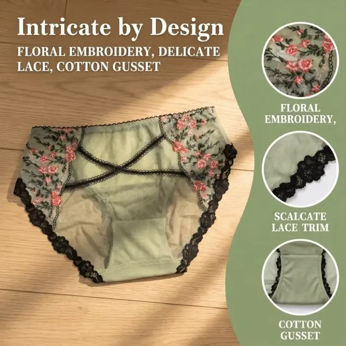 Culotte Transparente en Maille Femme Broderie Florale Dentelle Élégante Occasions Spéciales