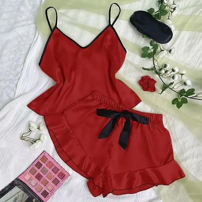 Ensemble de pyjama pour femmes Kawaii Homewear, col en V, décontracté, deux pièces, pyjama en satin