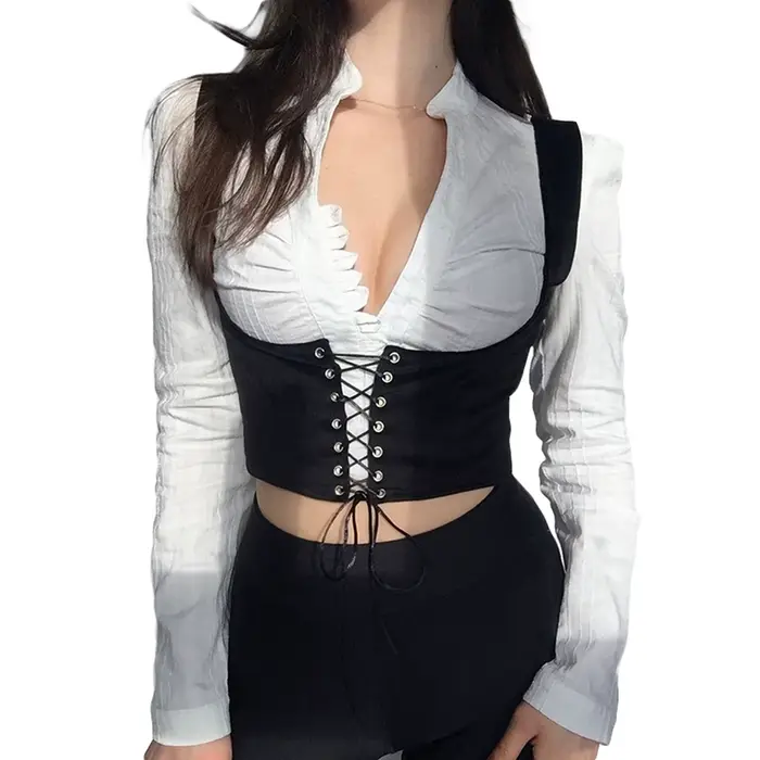 Femmes Corset Bustier haut court à lacets pansement noir gothique en cuir sous le buste jarretelle C