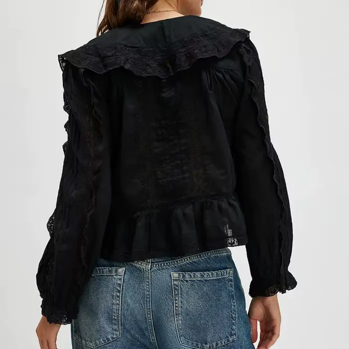 Chemises de plage en dentelle transparente pour femmes, style Boho, boutonné, à volants, manches cou