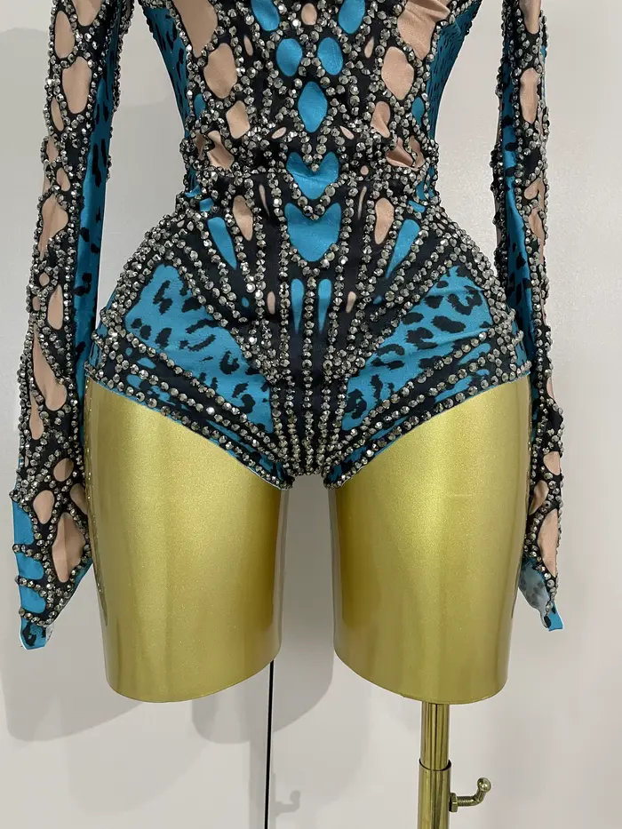 Body extensible à manches longues avec strass scintillants pour femmes, Costume de soirée de luxe po