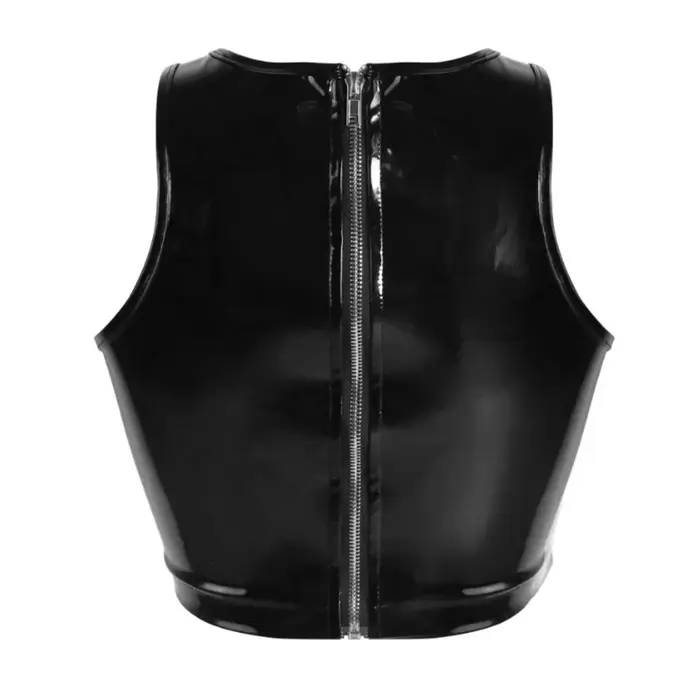 Štýlové dámske faux latex top z s lesklými zipsami pre špeciálne príležitosti a klubové výlety