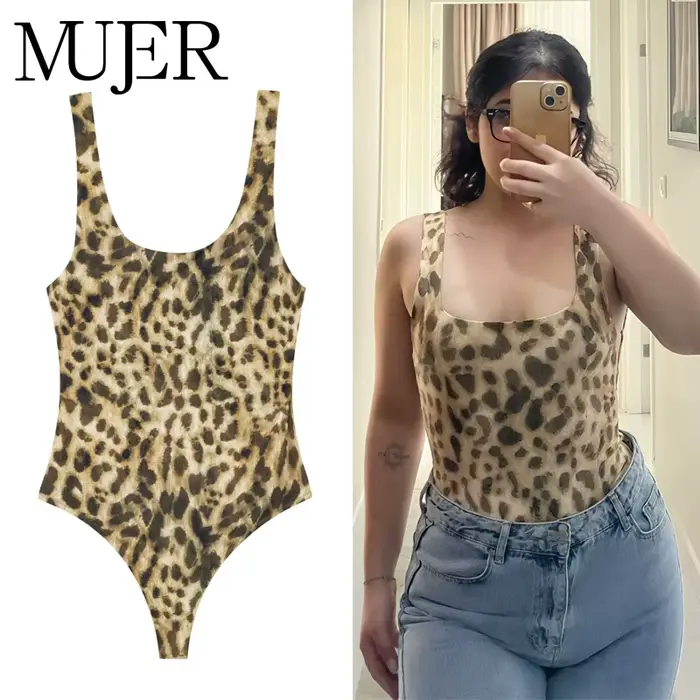 MUJER tlačený leopard body ženy topy bez rukávov body žena jeden kus oblečenie Sexy spodná bielizeň letné pletivo body
