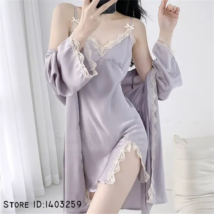 Biele svadobné šaty Set, Sexy Rayon Kimono, nočná košeľa, Čipka Trim, Príležitostné domáce oblečenie, spodná bielizeň, 2 kusy