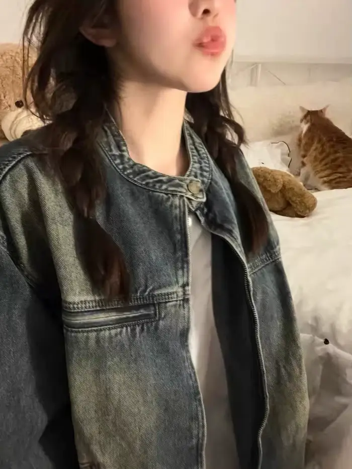 Džínsová bunda vintage vyblednutá amerického štýlu pre ženy