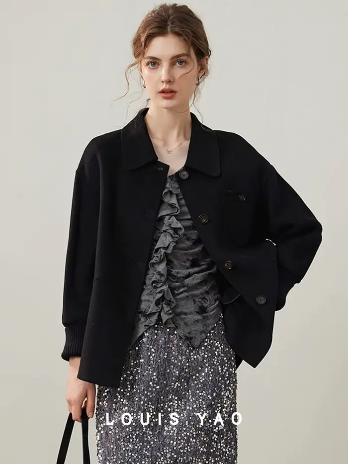 Modiis Yao-Manteau en laine double face pour femme, manteau en laine à manches longues, revers à la 