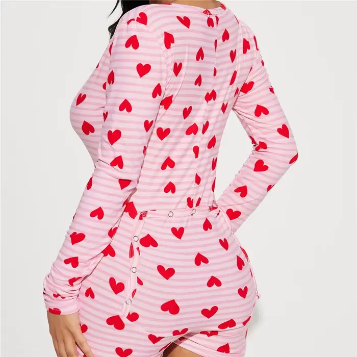 Dámska pyžamová kombinéza na Valentína, romantická potlač v tvare srdca, s dlhými rukávmi, V-neck, predné gombíky, šortky, na mieru šité kombinézy, oblečenie na spanie