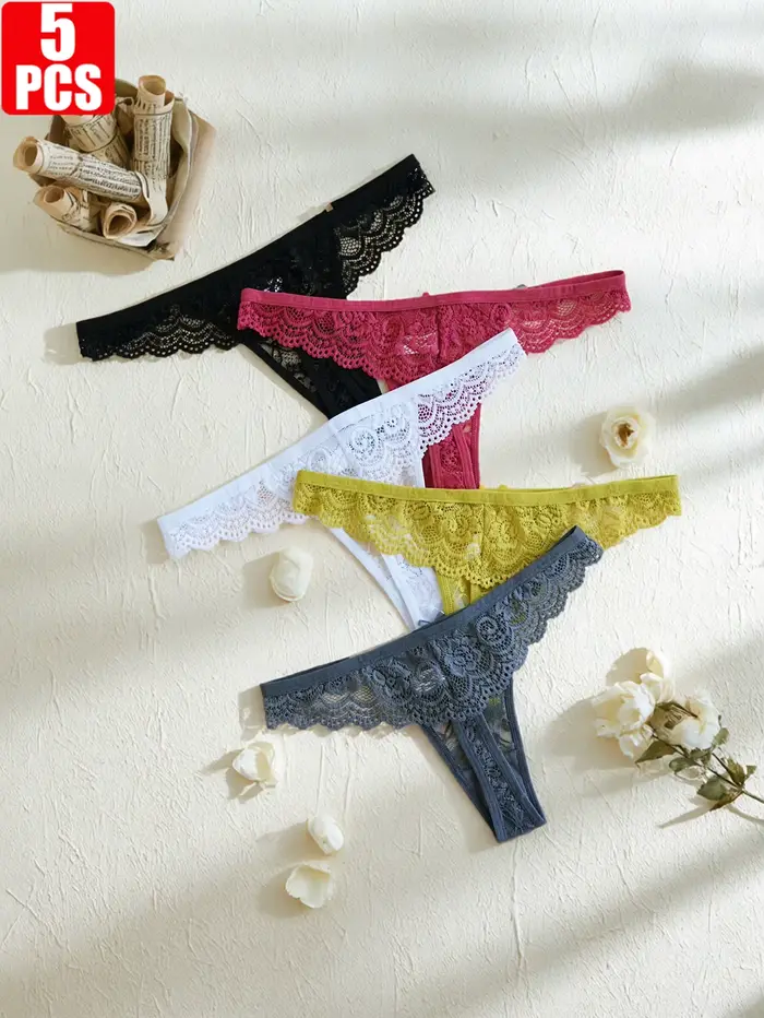 Lot de 5 culottes en dentelle pour femmes, élégantes et confortables, taille basse, strings sexy de couleur unie