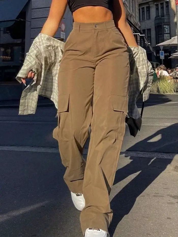 Pantalon cargo MIEAUT en polyester serge avec taille haute et poches fonctionnelles pour femmes sorties nocturnes et tous les jours