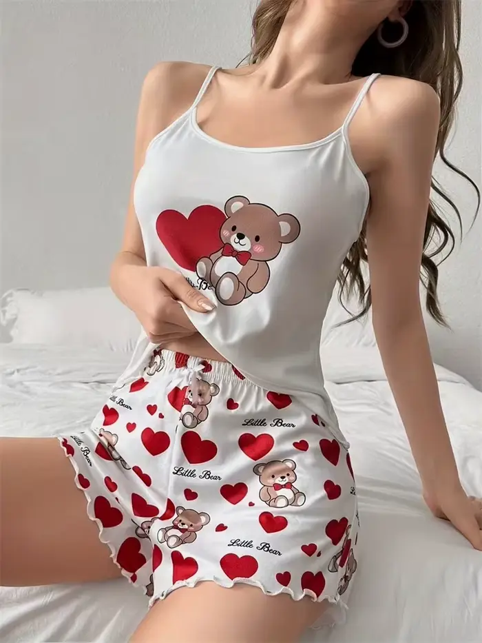 Dámske pyžamo a šortky Set, domáce oblečenie, roztomilý medveď + červené rybárske srdce tlačené, spodná bielizeň, sexy spodná bielizeň, kamzíky, nočné oblečenie