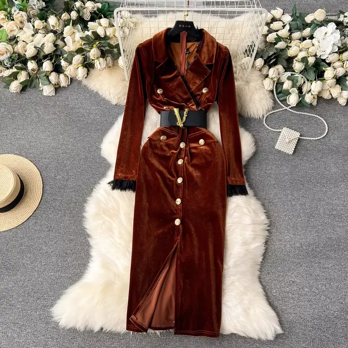 Robe damas velours et dentelle pour femme élégante, silhouette une ligne, boutonnage simple, polyester, automne hiver, bureau et occasions spéciales