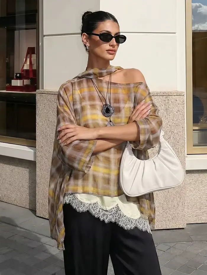 HH femmes mode Plaid imprimé Blouse Vintage décontracté ample asymétrique ourlet hauts avec écharpe 