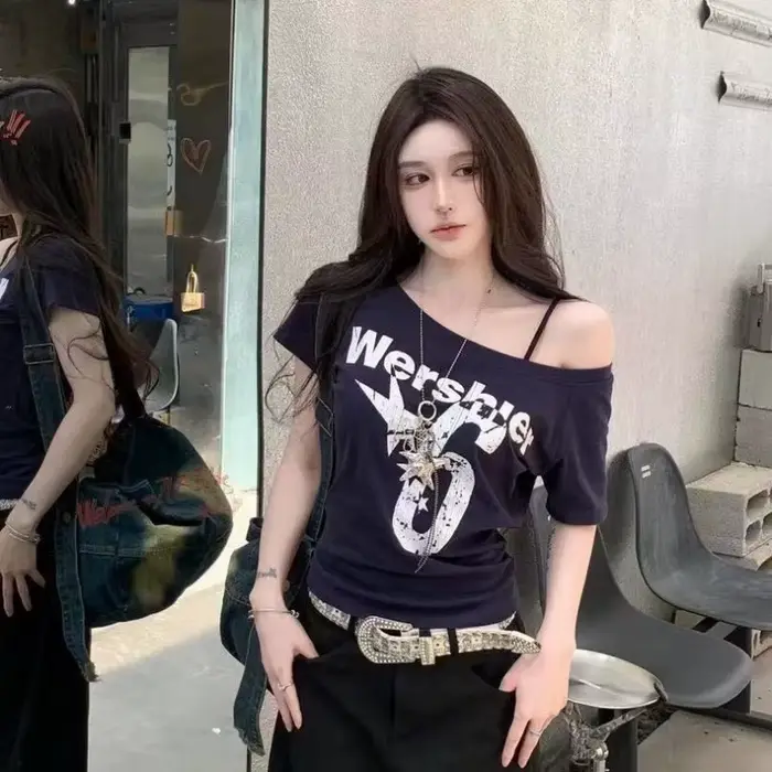 Y2k Sport été épaules dénudées haut femmes Sexy Vintage années 2000 à manches courtes t-shirt dame c