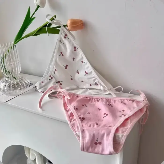 Culottes en coton à motif cerise Lolita pour femmes, sexy, blanches et roses, avec lacets, sous-vêtements doux à taille basse, slips et strings.