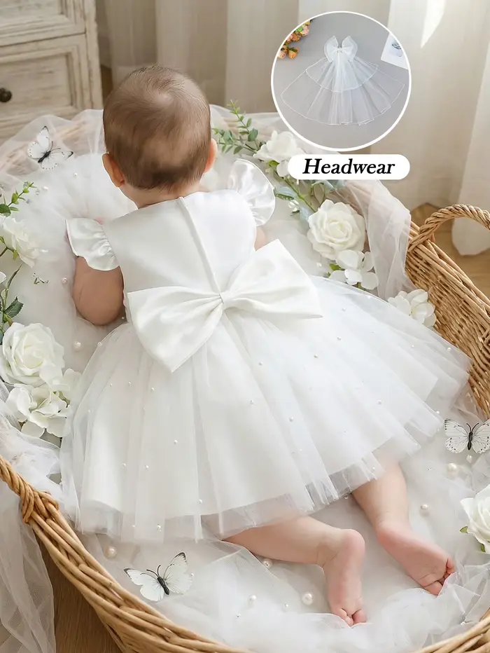 Robe blanche demoiselle d'honneur tulle volants nœud papillon première année fille cérémonie banquet occasions spéciales enfants princesses fantaisie magique
