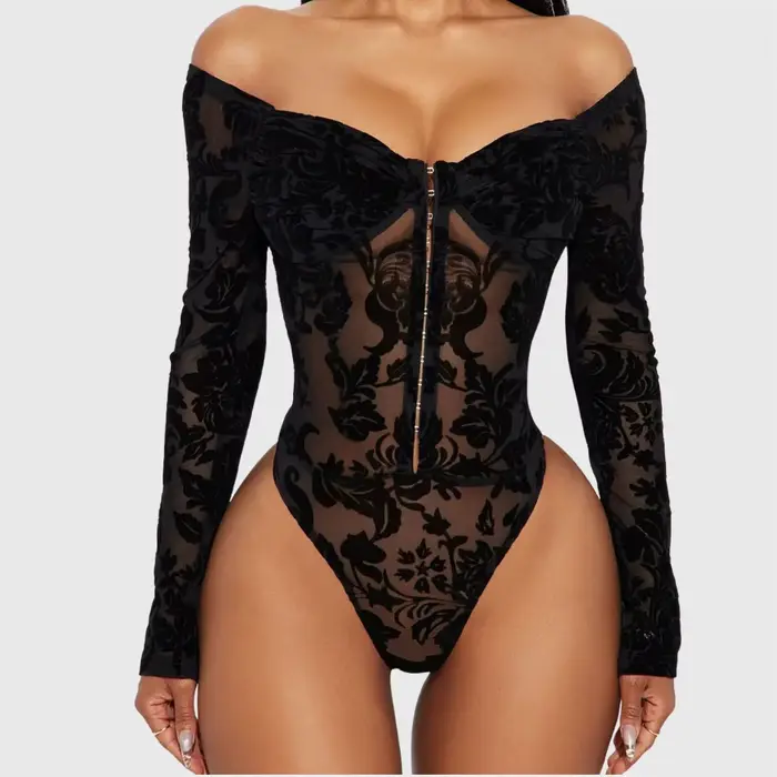 Ellolace Sexy spodná bielizeň Dámske ultra horúce, zmyslové body s dlhými rukávmi a holé ramená, otvorené vnútro, predné uzavretie, zvodné oblečenie pre ženy