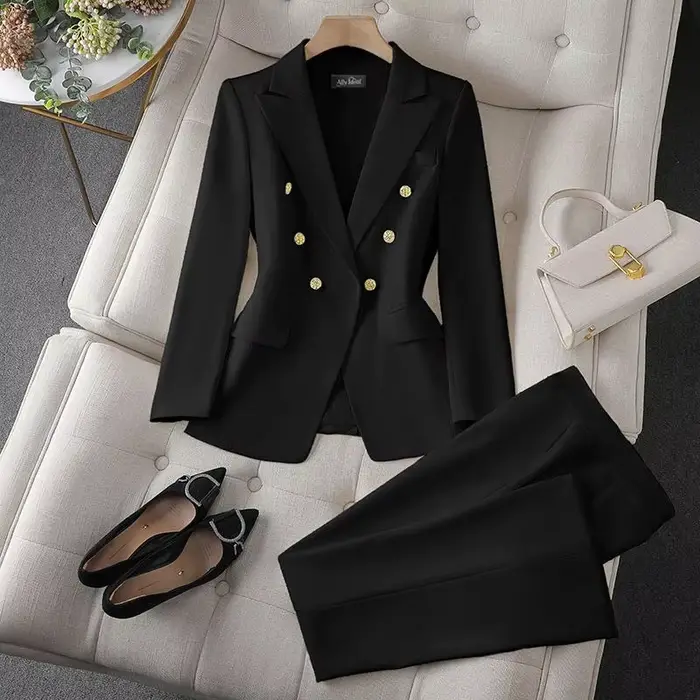 Dvojdielny kórejský módny set: Saká so sťahovacím golierom a úzke nohavice s dlhými rukávmi pre ženy – Elegantný kancelársky outfit