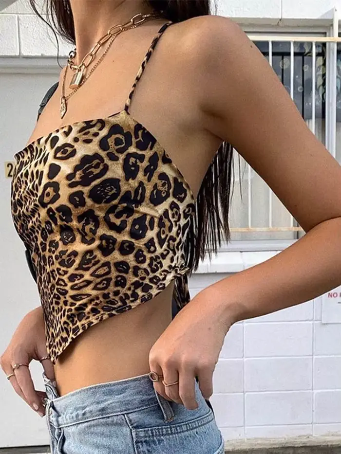 Dámske krátke rozšírené rukávy leopard top, streetwear móda, leto 2024, pletené polyesterové a elastanové topy, špeciálne príležitosti a darčeky