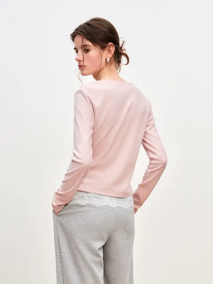 FSLE automne hiver 2025 T-Shirt à couche simulée pour femme - Haut de base en tricot avec bordure en