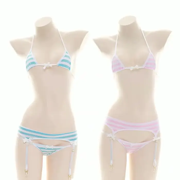 Soutien-gorge sexy Lolita pour femmes sous-vêtements Kawaii carnaval bleu rose blanc rayé mini bikin