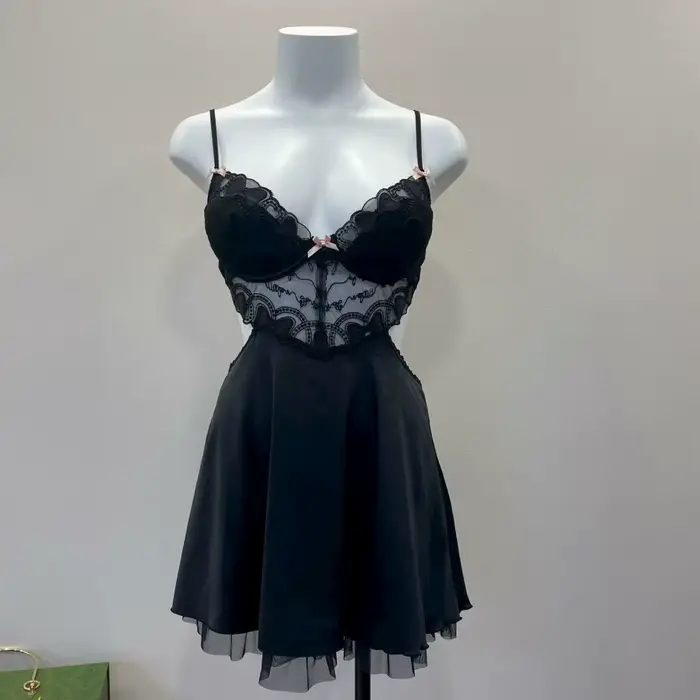 Chemise de nuit noire en V profond, vêtements de nuit pour femmes, Lingerie de tentation Sexy, coule