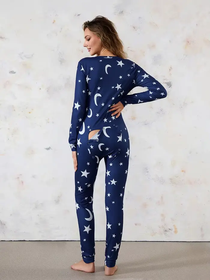 Sexy dámska hviezda tlače pyžamo V-neck elastan polyester nočné oblečenie jesenné špeciálne príležitosti