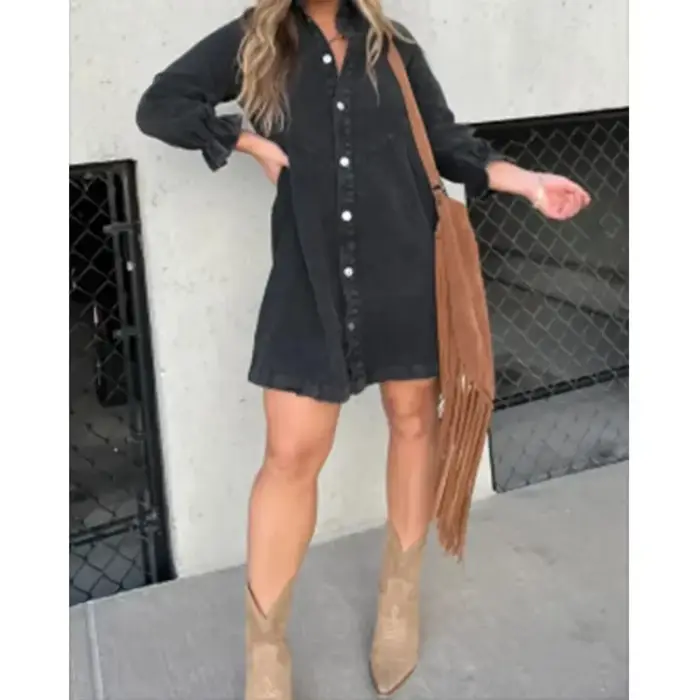 Robe chemise en jean pour femme, col rabattu, manches lanterne, simple boutonnage, ligne A, robe édu