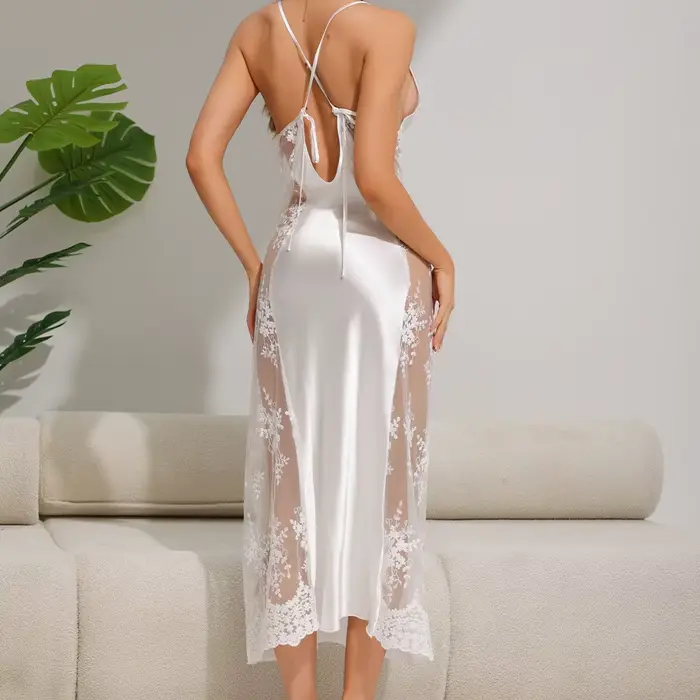 Dámska biela nočná košeľa, Sexy čipka nočná košeľa, satén, Patchwork, popruhy, letné spodná bielizeň, ľadové hodváb, domáce oblečenie