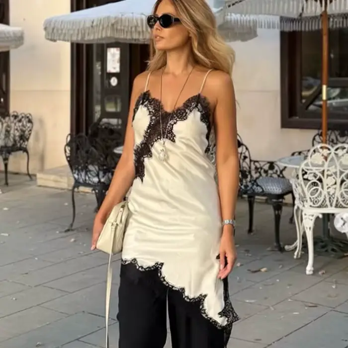 HXAO Dámske šaty bez rukávov z čiernej čipky asymetrické elegantné večerné