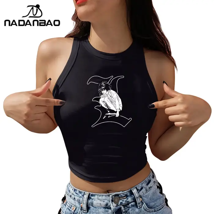 Nadanbao Sexy odhalené rameno krátky top pre ženy japonský Anime Death Note grafická potlač tielko letné neformálne bez rukávov Tričko