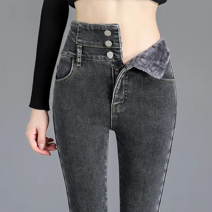 Thermique hiver épais polaire taille haute chaud jean moulant épais femmes Stretch bouton crayon pan
