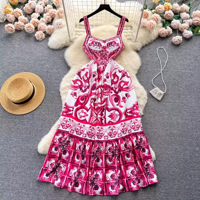 Robe longue de vacances pour femmes, col en v, imprimé rouge, bleu et blanc, bretelles Spaghetti, ét