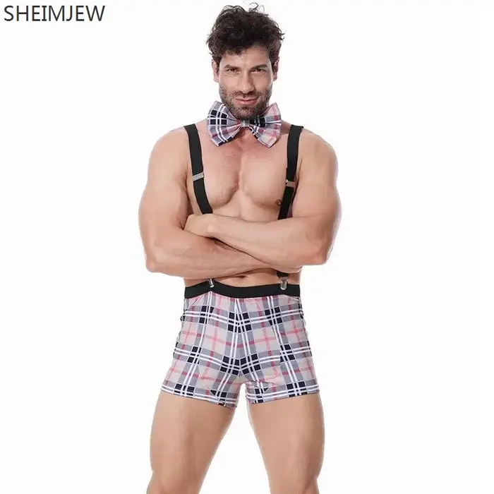 Qqa 2025 Plaid Noir Sexy ​   Costume de serveur de Lingerie, tenue à bretelles, Costumes d'halloween pour hommes, vêtements de club de fête