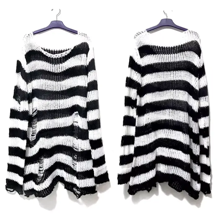 Nouveau Punk gothique Long unisexe pull été femmes rayé Cool évider trou cassé pull ample Rock mince