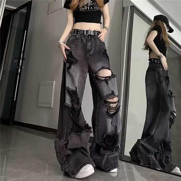 Jeans baggy vintage noir déchirés pour femmes style Y2K occasionnellement décontracté et élégant