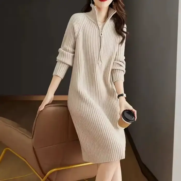 Robe à manches longues pour femmes, robe mi-longue, demi-fermeture éclair, monochromatique, grande r