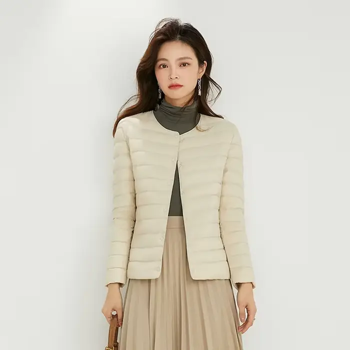 Veste en duvet de canard pour femme, col rond, col en v Variable, garde au chaud, sans col, manteau 