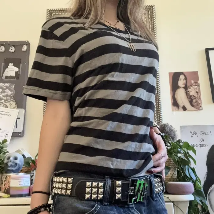 Dámske Y2k Grunge pruhované tričko voľný strih okrúhly výstrih krátke rukávy Emo top 2000s Harajuku Vintage pre tínedžerky dievčatá Goth