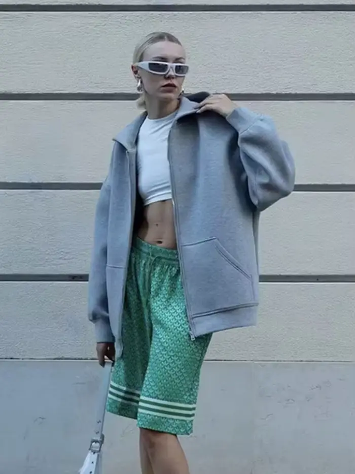 HH jesenná dámska voľná mikina s kapucňou oversized na zips pevný kabát do kancelárie