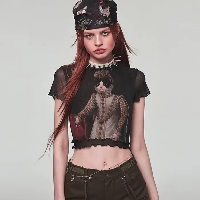 Y2K-T-shirt à manches courtes en maille de dentelle pour femmes, haut court imprimé chat, transparen