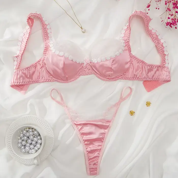 Ensemble de lingerie en satin rose doux, soutien-gorge en dentelle florale, sous-vêtements de luxe, 