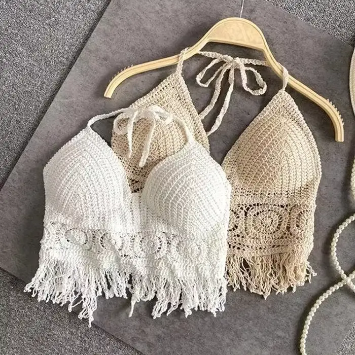 Sexy Boho plážové prázdniny Camisole lano ženy Háčkovaný pletený plavkový podprsenka holý chrbát vesta dutý strapček top
